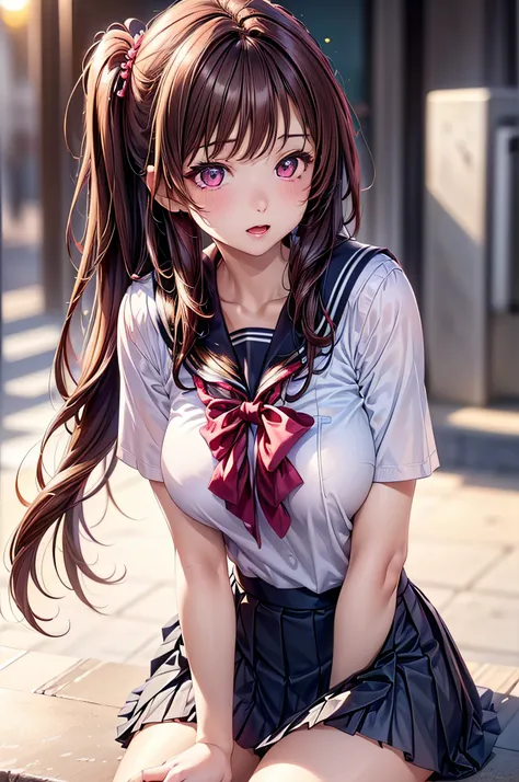 ((1girl in)), (Twin-tailed), Brown hair, Amazing face and eyes, Pink eyes, (amazingly beautiful girl), Brown hair, (High School Uniform, Pleated mini-skirt:1.5), ((Best Quality)), (Ultra-detailed), (extremely detailed CG unified 8k wallpaper), Highly detai...