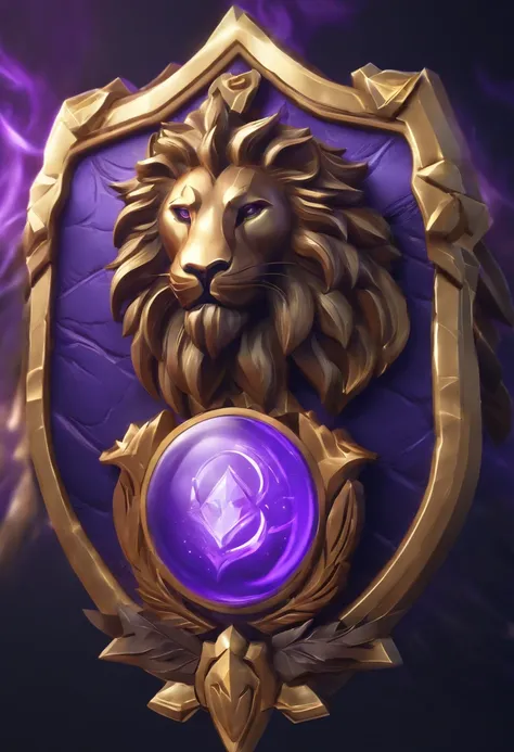 Game medallion with metal lions head close-up with crown,, hearthstone art style, Hearthstone style art, hearthstone concept art, Riot game concept art, style of league of legends, iconic character splash art, league of legends champion,Metal shield，Game b...