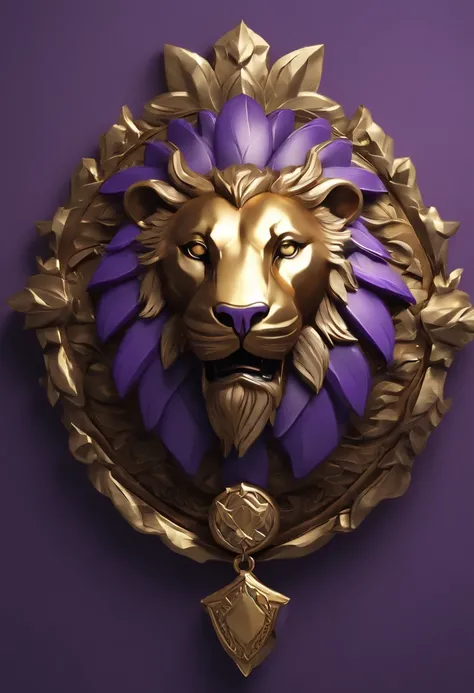 Game medallion with metal lions head close-up with crown,, hearthstone art style, Hearthstone style art, hearthstone concept art, Riot game concept art, style of league of legends, iconic character splash art, league of legends champion,Metal shield，Game b...