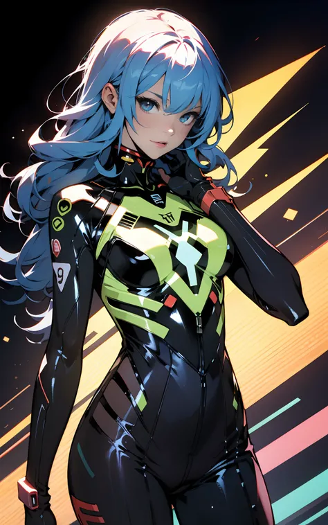 (((Young Woman))), ((Best Quality)), ((masutepiece)), (Detailed: 1.4), (Absurd), 19-year-old woman with Simon Bisley-style micro thong, Genesis evangelion neon style clothing, 2-piece clothing, Long ligh blue hair, arm tatoo, cybernetic hands, pastel, Cent...