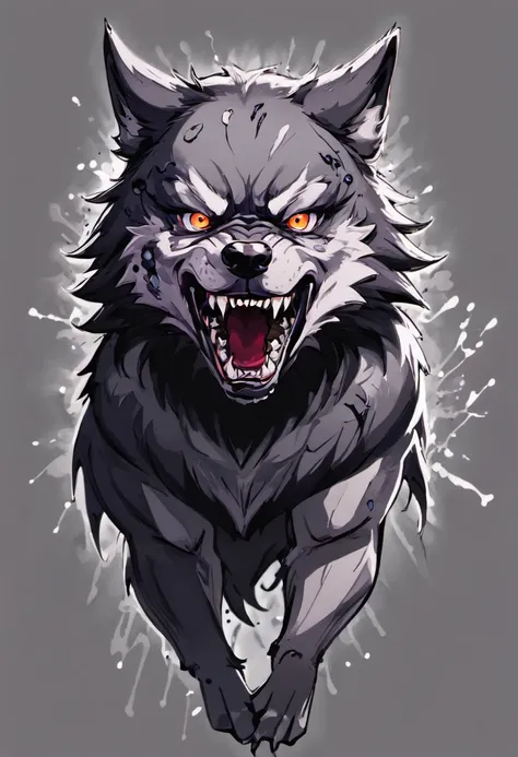 Black and gray realistic wolf tattoo art (((brue eyes))) With ink splatter sketch effect ,He opened his mouth and said,,,,,、Looks very fiercely angry