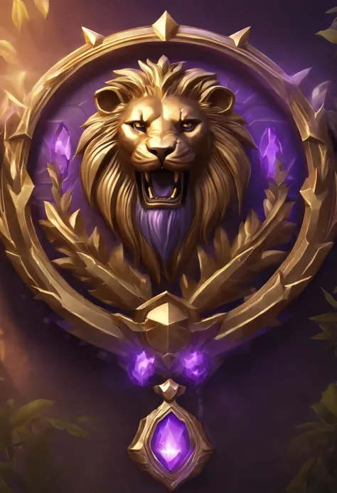 Game medallion with metal lion head closeup with crown,, hearthstone art style, Hearthstone style art, hearthstone concept art, Riot game concept art, style of league of legends, iconic character splash art, league of legends champion,metallic shield，Game ...