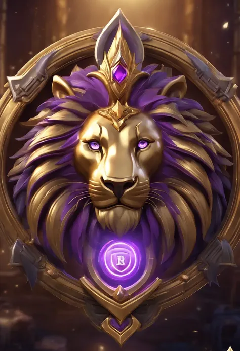 Game medallion with metal lion head closeup with crown,, hearthstone art style, Hearthstone style art, hearthstone concept art, Riot game concept art, style of league of legends, iconic character splash art, league of legends champion,metallic shield，Game ...