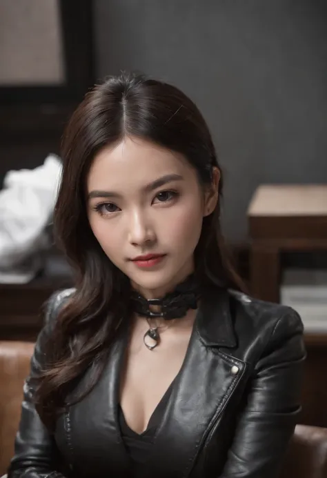 Both hands are covered with black leather gloves up to the fingertips, upper body, black leather double riders jacket, slender necklace, young and cute Japanese girl with black hair tied up beautifully, sitting on a black leather chair facing the desk in t...