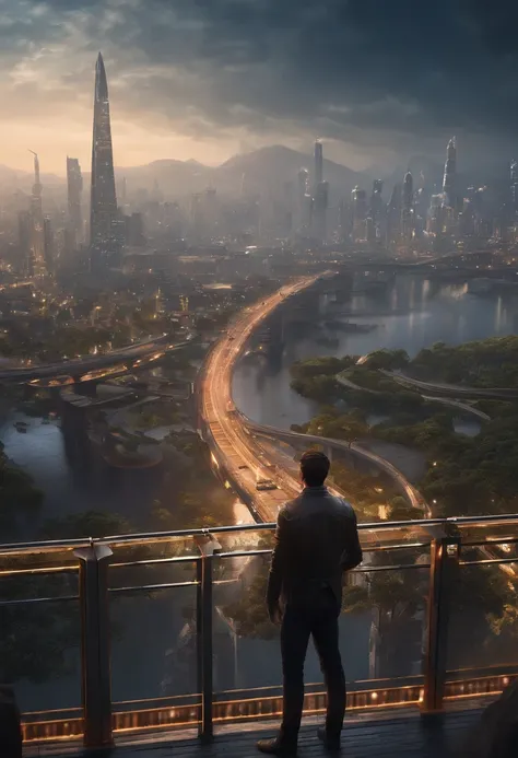 (8k unit wallpaper CG extremely detailed, masterpiece, best quality, ultra-detailed), (((solo)))), ((extremely wide shot:1.15)), a man on a bridge looking at a scifi city in the distance in the background, ((back view)), ((full body)), (high detail), (intr...