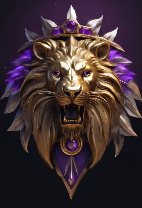 Game medallion with metal lion head closeup with crown,, hearthstone art style, Hearthstone style art, hearthstone concept art, Riot game concept art, style of league of legends, iconic character splash art, league of legends champion,metallic shield，Game ...