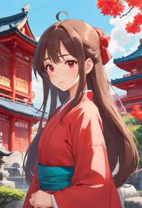 She has scars on her face，Chinese girl, Long hair, Front view, full bodyesbian, Set against a Japanese temple, com arvores, rios, A very beautiful sunny day. The girl will wear a red Hanfu, She has a scar on her left eye.