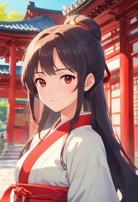 She has scars on her face，Chinese girl, Long hair, Front view, full bodyesbian, Set against a Japanese temple, com arvores, rios, A very beautiful sunny day. The girl will wear a red Hanfu, She has a scar on her left eye.