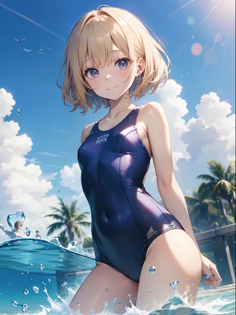 top-quality、Full limbs、complete fingers、Slender beauty、1 persons、Sukusui、white school swim suit、ssmile、bob cuts、Blonde berry shorthair、hime-cut、Water