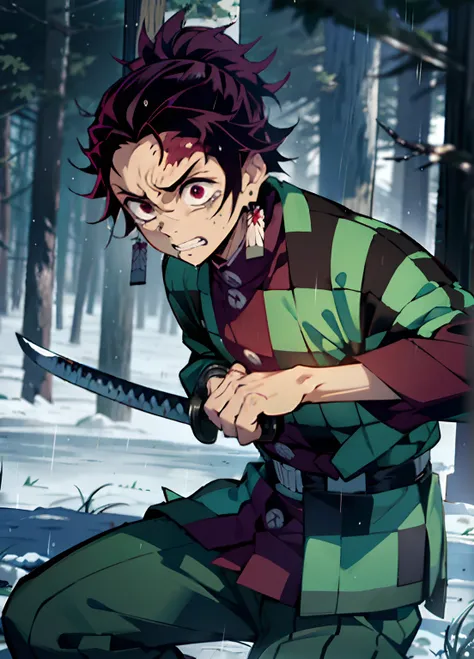 "《demon killer》tanjiro kamado, heavy rain, crying, gazing heavenward, wear a green plaid shirt, holding a katana，sword dance，unb...