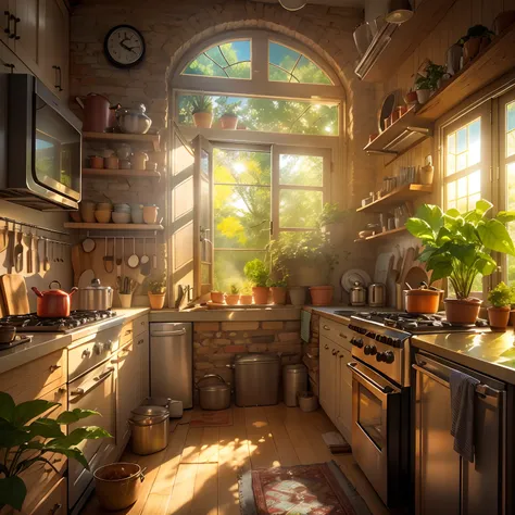 kitchen, Refrigerator, Roaster, a plant, window. rays of sunshine