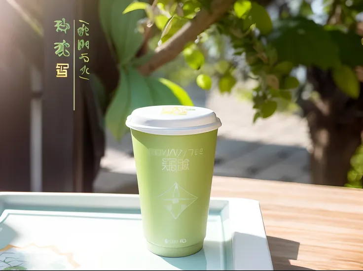 There was a cup of green tea on the tray，A tree in the background, colored milk tea, product introduction photos, paper cup，high detal，filigree，restore（Masterpiece，Best quality）