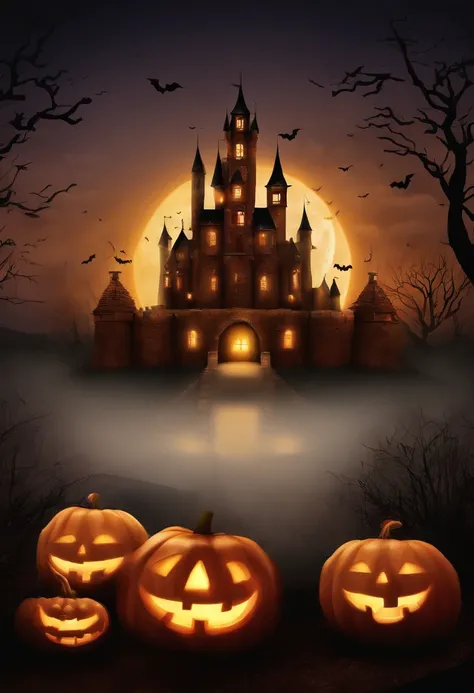 Happy Halloween background with pumpkin and castle, halloween celebration, Halloween, halloween wallpaper with ghosts, halloween theme, halloween atmosphere, spooky halloween fun, halloween night, in a halloween style, terroral》, horror”, creepy themed, ha...