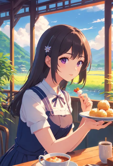 Beautiful countryside landscaped。Elegant Lolita，Delicate cake，Dim Sum，Beautiful girl，Black skirt，Clear details，black color hair，a purple eye，Madam，Drink afternoon tea，,Professional color grading,style of anime，anime big breast