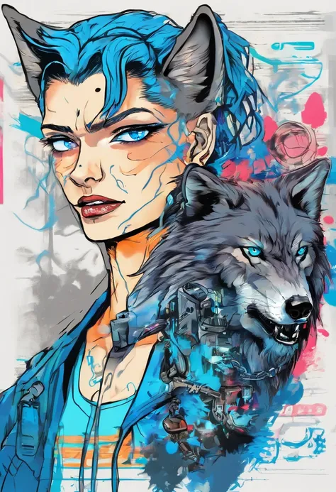 Black and gray realistic wolf tattoo art (((Blues eyes))) Features an ink splash sketch effect ,He spoke。,,,,、Looks very angry