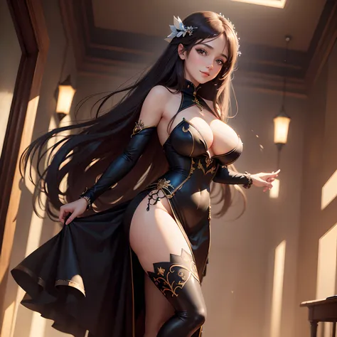 Masterpiece, Best quality, 1girll, Solo, ((Mature female)), Round pupils, Long hair, Hair, Princess, Black dress, fantasy, cheerfulness, view the viewer, Cartoon, anime big breast, (Oil painting)