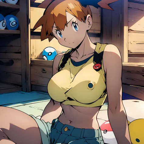 (masterpiece, best quality), Misty from "pokemon", full-body shot , 1girl, indoors, big breast, H-cup, good breast, beautiful, gorgeous ,large breast, cleveage, expressive eyes, perfect face, hands on breasts, hands pushing breasts together,  Grab your own...