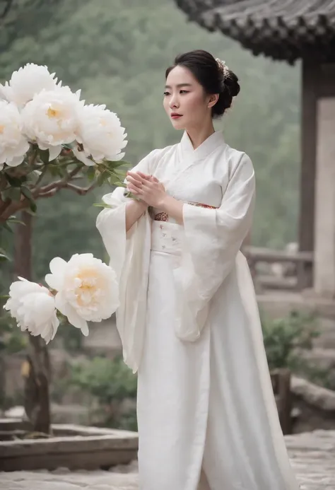 equinox，White peony,，Traditional Chinese architecture，The woman standing next to Hanfu Flower，One guy々scenecy、catss、