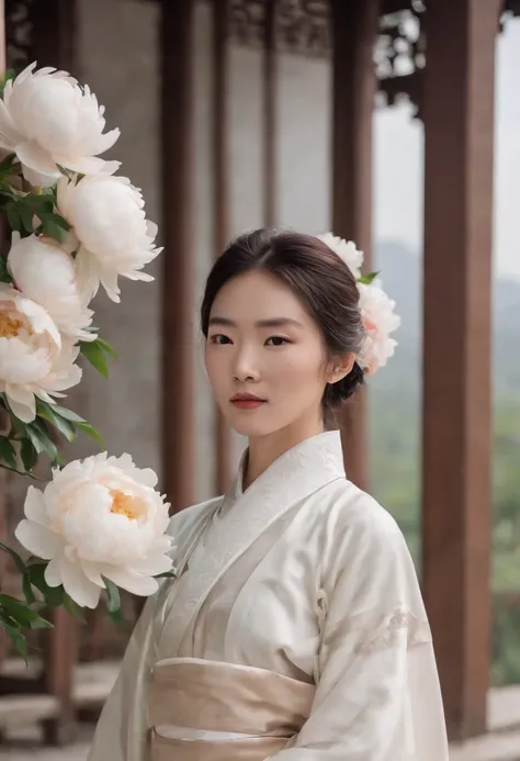 equinox，White peony,，Traditional Chinese architecture，The woman standing next to Hanfu Flower，One guy々scenecy、catss、