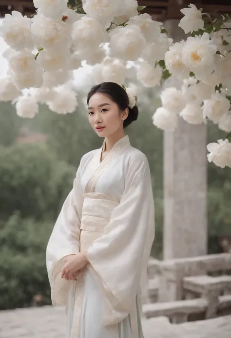 equinox，White peony,，Traditional Chinese architecture，The woman standing next to Hanfu Flower，One guy々scenecy、catss、