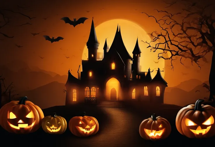 Happy Halloween background with pumpkin and castle, halloween celebration, Halloween, halloween wallpaper with ghosts, halloween theme, halloween atmosphere, spooky halloween fun, halloween night, in a halloween style, terroral》, horror”, creepy themed, ha...