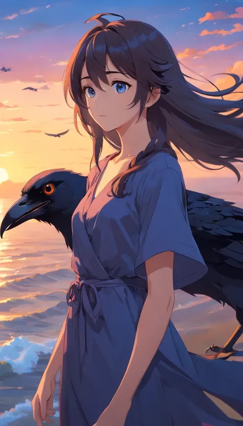 masterpiece, best quality, movie still, 1girl, monstergirl, crow woman, full body, portrait, detailed (eyes), long (hair), perfect body, proportional body, crow|raven wings, deep look, wearing (long dress and pants), close-up,  cold soft lighting, sunset, ...