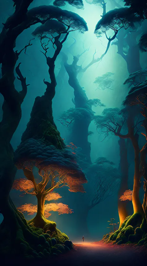 Picture a dense, ancient forest, shrouded in mist, with gnarled trees and glowing, otherworldly flora.