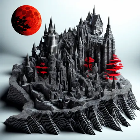 black and white and red scenic picture (paper cut art: 1.5) of a dark vampire castle at night, a masterpiece award winning (paper cut art picture: 1.5), Vampire dark castle at night with towers. turrets, a moat, using only (black: 1.2), (white: 1.2) and (r...