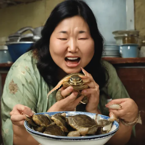 Rotting turtles and crabs crawl in a womans bedroom at night after closing dirty curtains with large amounts of rotting internal organs, seafood, manure and vomit scattered in heavily polluted and murky sewage、Fat cute Japan woman spits out a large amount ...