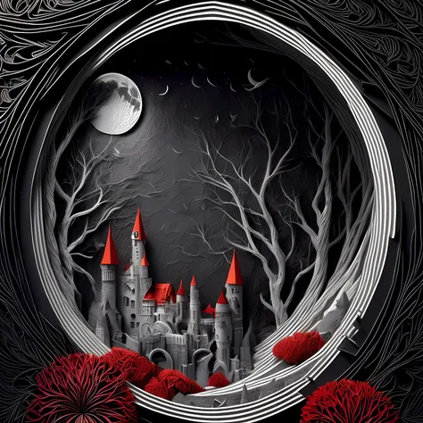 black and white and red scenic picture (paper cut art: 1.5) of a dark vampire castle at night, a masterpiece award winning (paper cut art picture: 1.5), Vampire dark castle at night with towers. turrets, a moat, using only (black: 1.2), (white: 1.2) and (r...