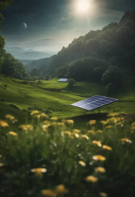 a picture of a green planet with solar panels with a bee flying over it, cleaning future, 8k cleaning future, 16 k cleaning future, cover art, future concept art, near future 2 0 3 0, near future, enviromental portrait, solar energy!!!, environmental conce...