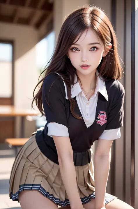 ((1girl in)), (Twin-tailed), Brown hair, Amazing face and eyes, Pink eyes, (amazingly beautiful girl), Brown hair, (High School Uniform, Pleated mini-skirt:1.5), ((Best Quality)), (Ultra-detailed), (extremely detailed CG unified 8k wallpaper), Highly detai...