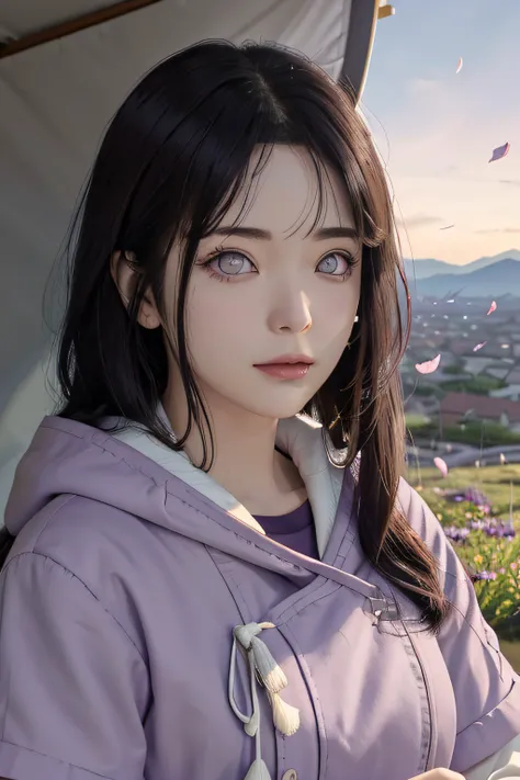 tmasterpiece， hoang lap， hyouka（Boruto）， 1girll， 独奏，a mature female， purple hoodie，layered sleeves，Long brown dress，exteriors，Lavender flower field， looking at viewert， （Falling petals）， mostly cloudy sky， perfect compositions， detailed lips，， beauitful fa...