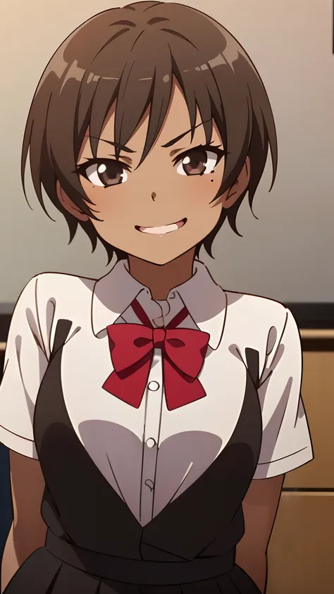 1 girl, (dark brown skin:1.4), very short hair, black eyes colour, mole down the right eye, school girl outfit, evil smirk, domi...