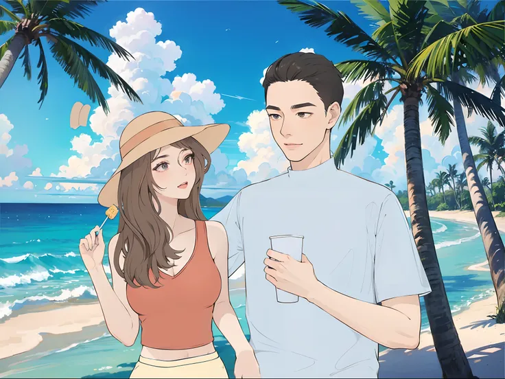 Anime couple with palm trees and blue sky on the beach, at a tropical beach, The boy holds milk tea in his hand，Girl holding a lollipop in the shape of a pineapple，A detailed eye，with straw hat, hand painted cartoon art style, Digital anime illustration, c...