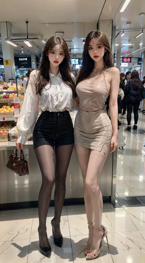 Heavy makeup，See-through pantyhose，4K，In the supermarket，By bangs，Delicate feet，beautiful foot，Beautiful legs，shapely legs，Super stiletto heels，Ultra-detailed face，Light-colored skinny jeans，standing on your feet，Two women together