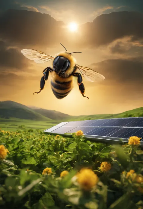 a picture of a green planet with solar panels with a bee flying over it, cleaning future, 8k cleaning future, 16 k cleaning future, cover art, future concept art, near future 2 0 3 0, near future, enviromental portrait, solar energy!!!, environmental conce...