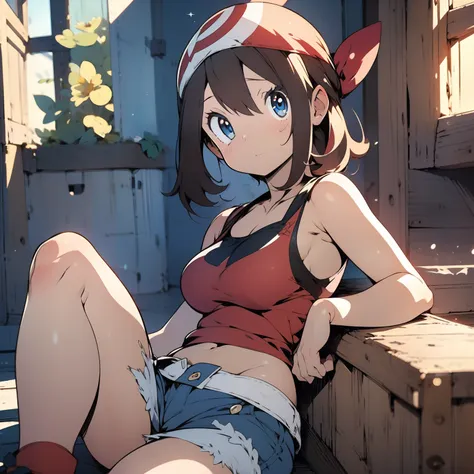 (masterpiece, best quality), cowboy shot , 1girl, indoors, beautiful, medium tits, gorgeous, expressive eyes, perfect face, May_pokemon, may from pokemon,
short brown hair, red bandana, red tank-top, white denim shorts, sitting on floor, 
detailed eyes,