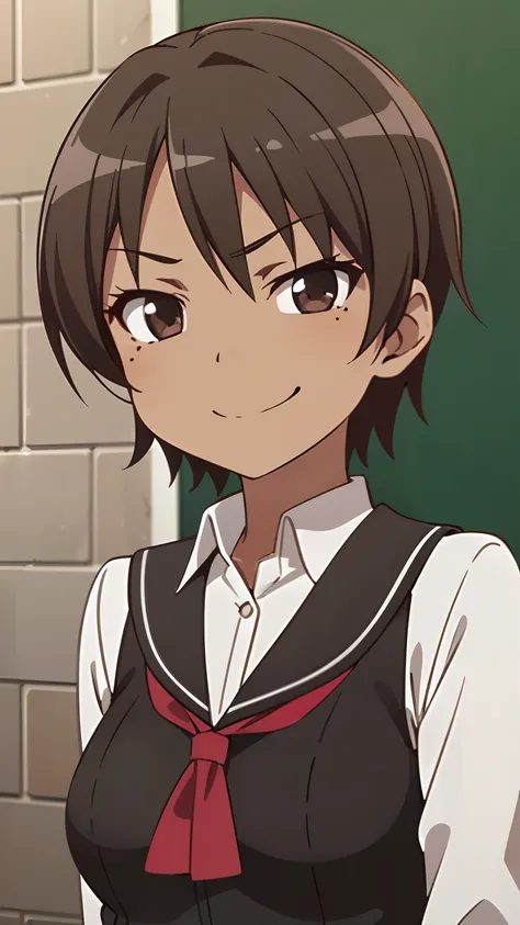 1 girl, (dark brown skin:1.4), very short hair, black eyes colour, mole down the right eye, school girl outfit, evil smirk, domi...