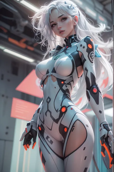 (((Young Woman))), ((Best Quality)), ((masutepiece)), (Detailed: 1.4), (Absurd), 19-year-old woman with Simon Bisley-style micro thong, Genesis evangelion neon style clothing, 2-piece clothing, Long white hair, arm tatoo, cybernetic hands, pastel, Centered...