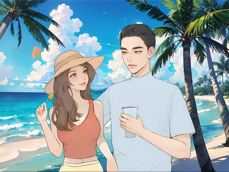 A man and a woman stand on the beach，at a tropical beach, in style of digital illustration, cute couple, Digital anime illustration, High-quality fanart,  beautiful drawing style, Girl holding a lollipop in the shape of a pineapple，Boy holding milk tea，A d...