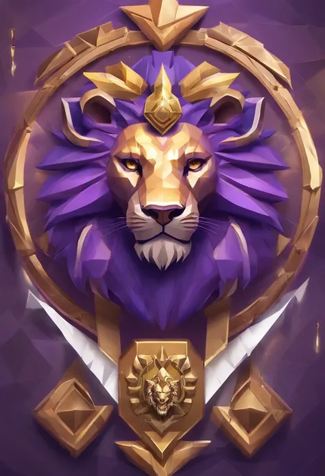 Game medallion with metal lion head closeup with crown,, hearthstone art style, Hearthstone style art, hearthstone concept art, Riot game concept art, style of league of legends, iconic character splash art, League of Legends crown，Game badge，Surrounding m...