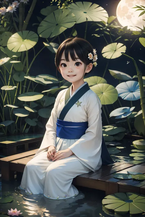 （best qualtiy，tmasterpiece，Hyper-realistic），1 beautiful and delicate portrait of a girl，Playful and cute，Hanfu, Moon, midnight, sonoko, Bamboo, water lily, hot onsen, vapour, (illustration: 1.0), Epic composition, Realistic lighting, HD details, Masterpiec...