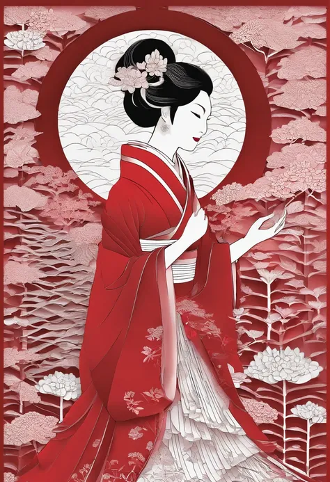 masterpiece, A Beautiful Asian woman in a red kimono, beautiful render of a fairytale, in the style of paper art, painting of beautiful, beautiful as the moon, very intricate masterpiece, painted metal, beautiful intricate masterpiece, multiple layers, Mys...