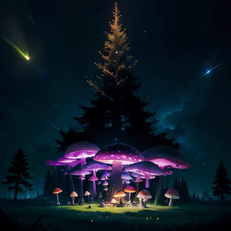 Fantasy Big Tree，Fluorescent full screen，Dream mushrooms，nighttime scene，Its all fireflies，