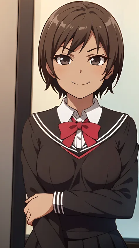 1 girl, (dark brown skin:1.4), very short hair, black eyes colour, mole down the right eye, school girl outfit, evil smirk, domi...