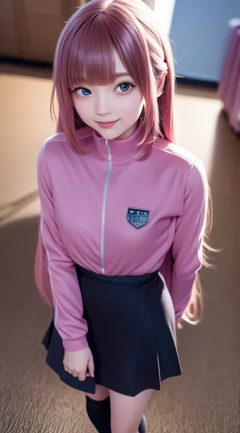 gotou_hitori, long hair, pink hair, bangs, blue eyes, wearing a pink jacket, track jacket, wearing a black skirt, short skirt, c...