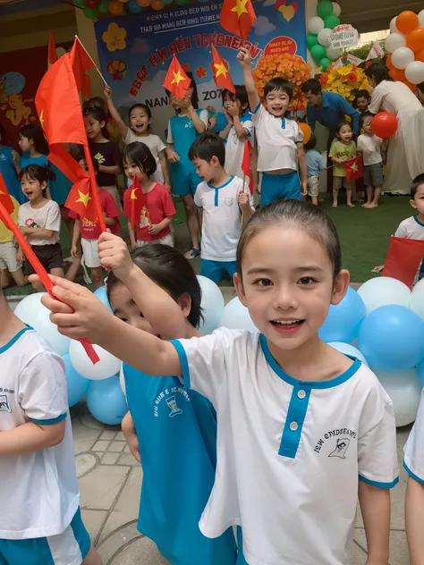 Boy holds red flag in front of a group of children, child, child, flag in hand, con trai, Dress, cheerful, Children, Vietnam, very excited, Dang My Linh, More details, Happy atmosphere holding a panoramic white flag, image, unknown artists, Gui Hu, Happy c...