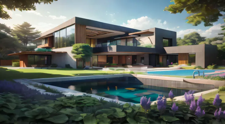 Organic modern architecture on a fairly large plot, From , there is a swimming pool in the middle of a large house of a flower, color of the house in chocolate brown and black beams, large modern residence, flat roofs and garden, render luxcore, render okt...