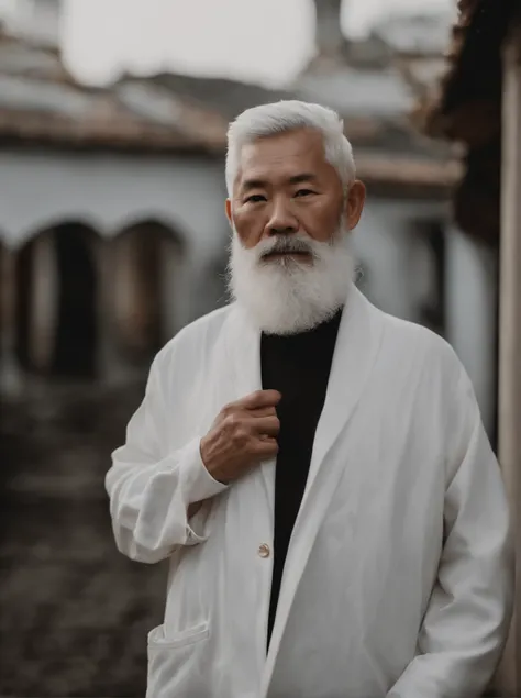 Cinematic portrait , Portrait of a father，Look at the viewer，Asian older men,old man,Thin and thin, (80 years:1.1), (shaved pubic hair:1.2), (very short white hair，A little curly:1.5),(Long beard:1.6).Dark coat, white  shirt . Minimalist background, Own co...